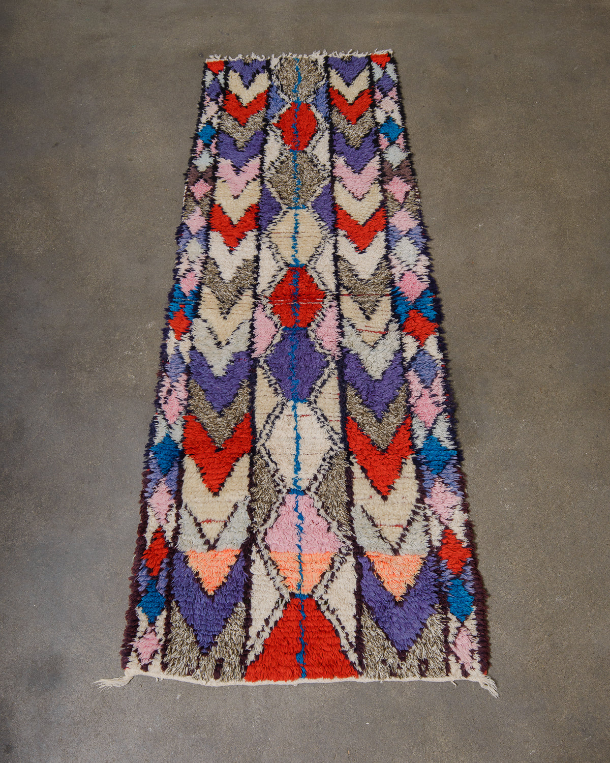 Colorful geometric patterned rug on a gray floor